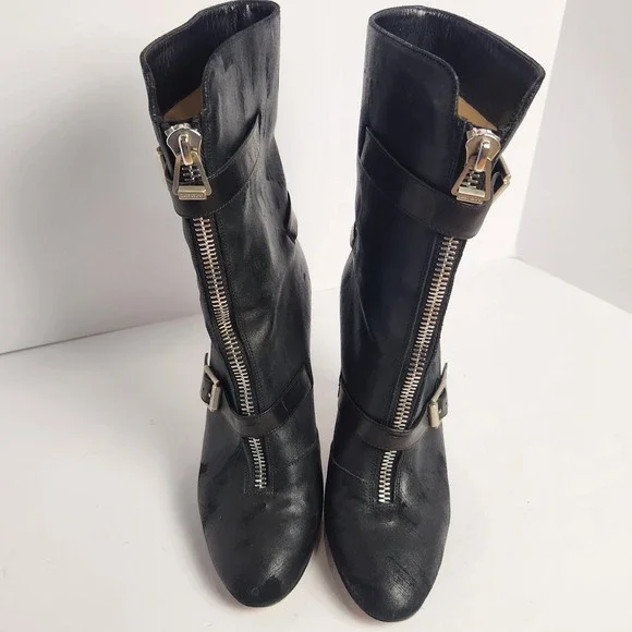 Jimmy Choo Women's Distressed Front Zip Black Leather Boots Size 37.5 (6.5-7) - Picture 11 of 14